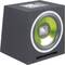 Een zwarte subwoofer met groen-gele luidspreker en opschrift 'Raveland'. Ideaal voor een krachtig geluid in auto-audiosystemen.