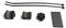 Accessoireset bestaande uit twee kabelbinders, drie verschillende houders en een rechthoekig pad, vermoedelijk bedoeld voor het bevestigen van apparaten.
