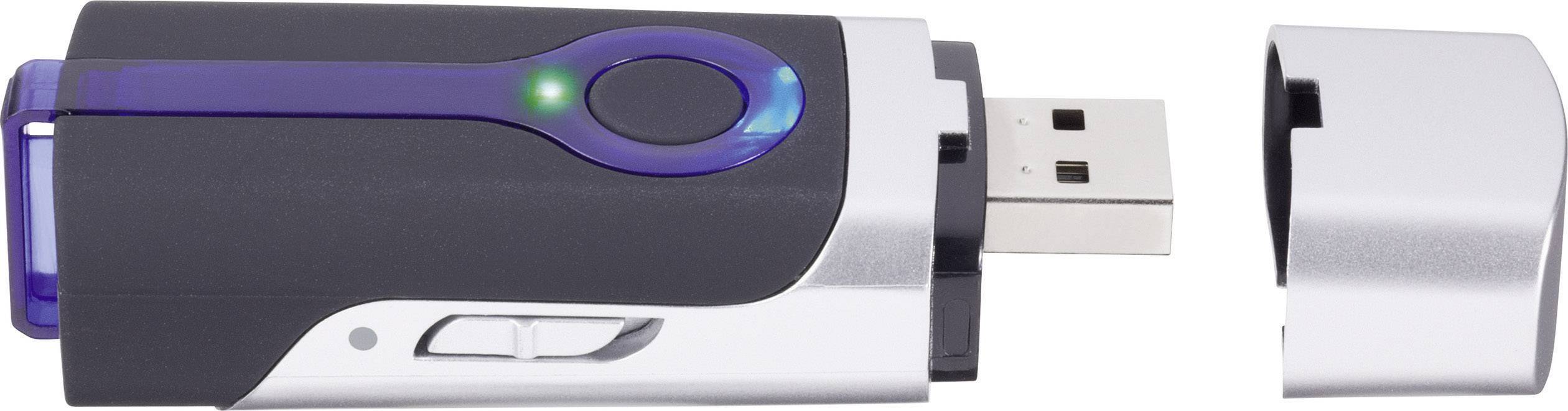 USB-stick met afneembare dop, behuizing in zwart en zilver, groene LED-indicator.