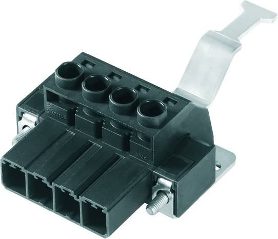 Een zwarte stekkerverbinding met vier aansluitopeningen en een metalen klem, gebruikt voor elektrische verbindingen.