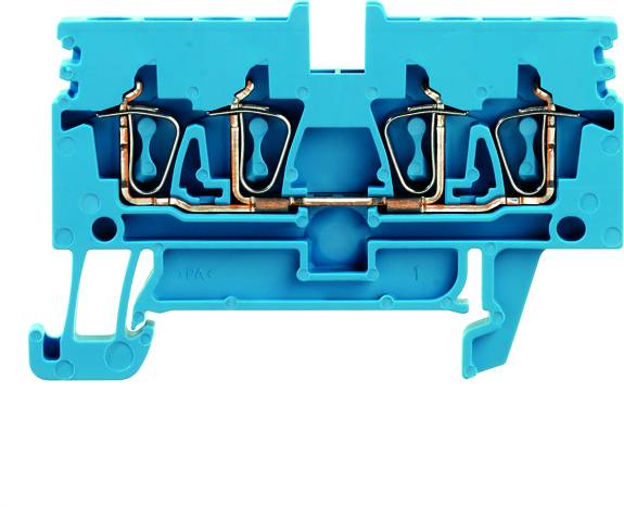 Blauwe rij-aansluitblok met metalen aansluitingen, voor elektrische aansluiting van draden. Gebruikt in schakelkasten en elektrische verdeelkasten.