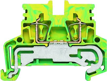 Een groene en gele aansluitblok met metalen componenten voor elektrische verbindingen in technische toepassingen.