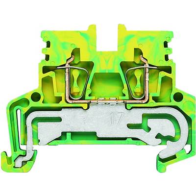 Een groene en gele aansluitblok met metalen componenten voor elektrische verbindingen in technische toepassingen.