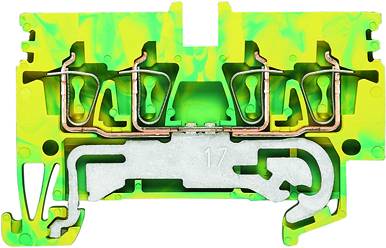 Een groene elektrische aansluitblok met gele en metalen elementen, toont interne draadverbindingen en bevestigingsmechanismen.