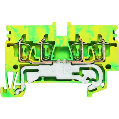 Een groene elektrische aansluitblok met gele en metalen elementen, toont interne draadverbindingen en bevestigingsmechanismen.