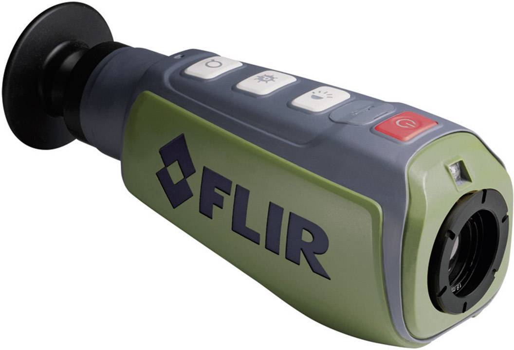 Draagbare warmtebeeldcamera met FLIR-logo, bedieningsknoppen bovenaan, geschikt voor nachtelijke observaties en temperatuurmetingen.