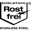 Het beeld toont het logo voor 'Edelstahl Rostfrei', dat roestvrij staal aanduidt. Bovenaan staat 'EDELSTAHL' en onderaan 'STAINLESS STEEL'.