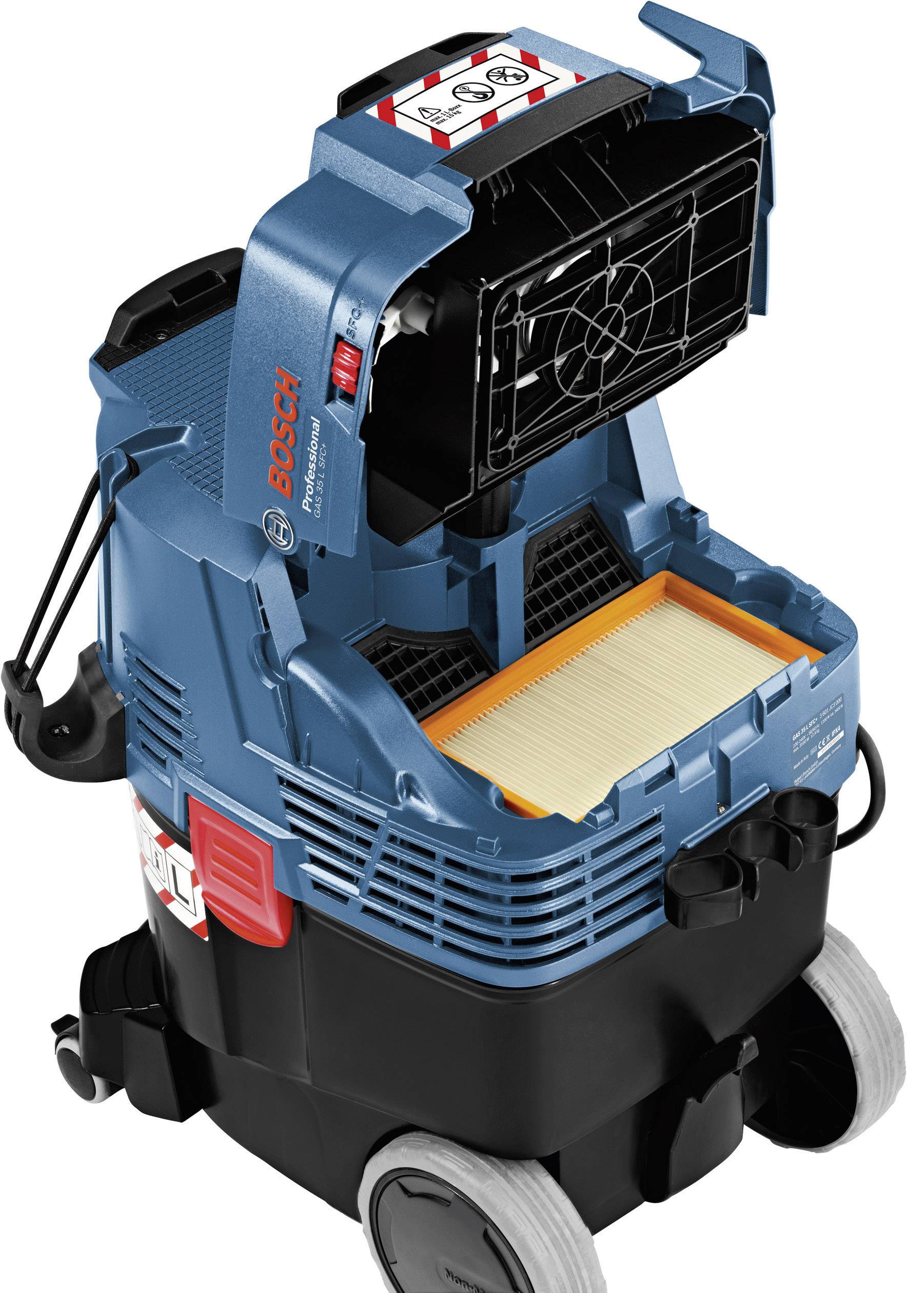 Een blauwe industriestofzuiger van Bosch met een geopend filtervak en een zichtbaar filter. Groot, mobiel, uitgerust met twee wielen.