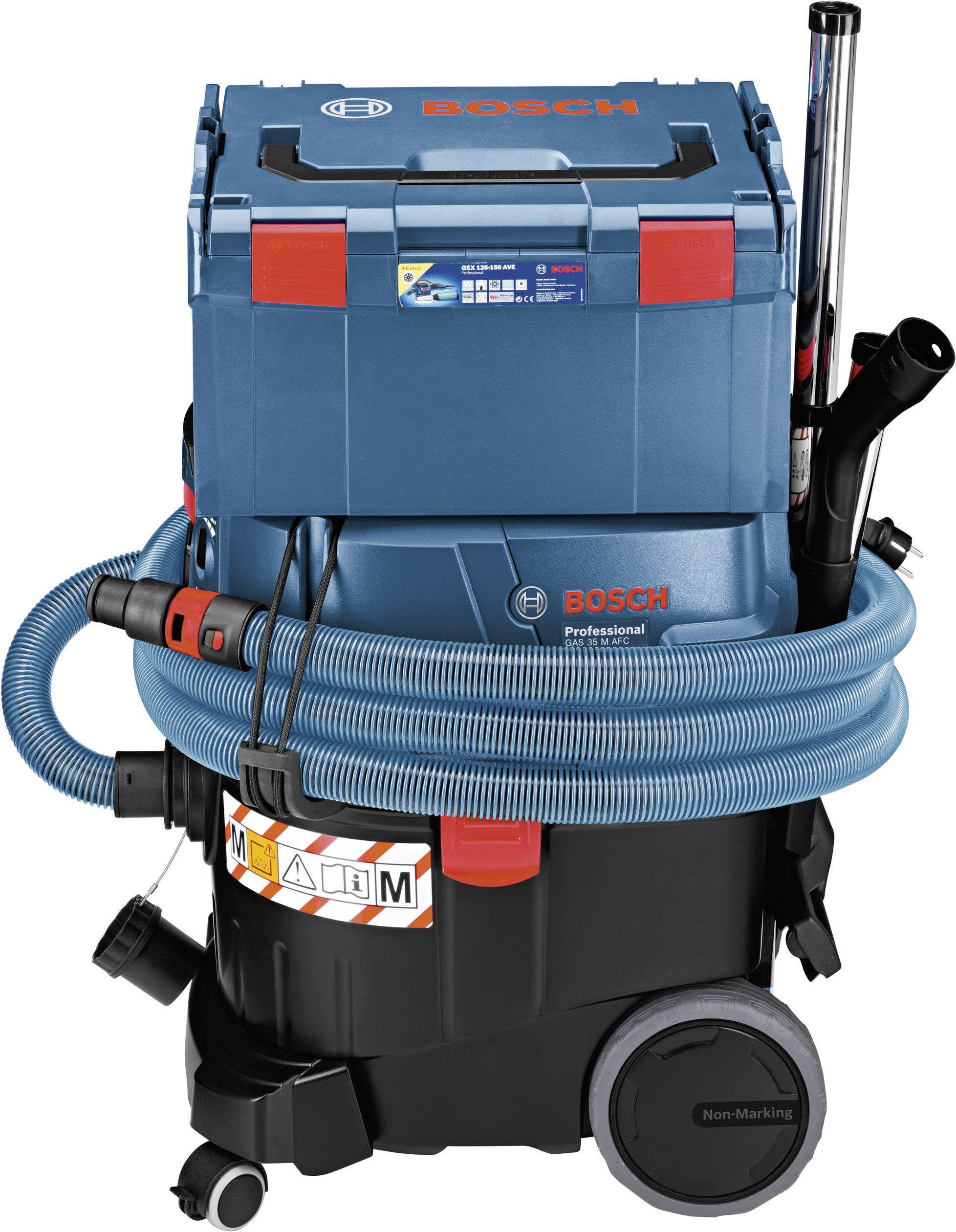 Industriestofzuiger van Bosch met blauwe doos, slangen en wielen. Geschikt voor professionele schoonmaakwerkzaamheden.