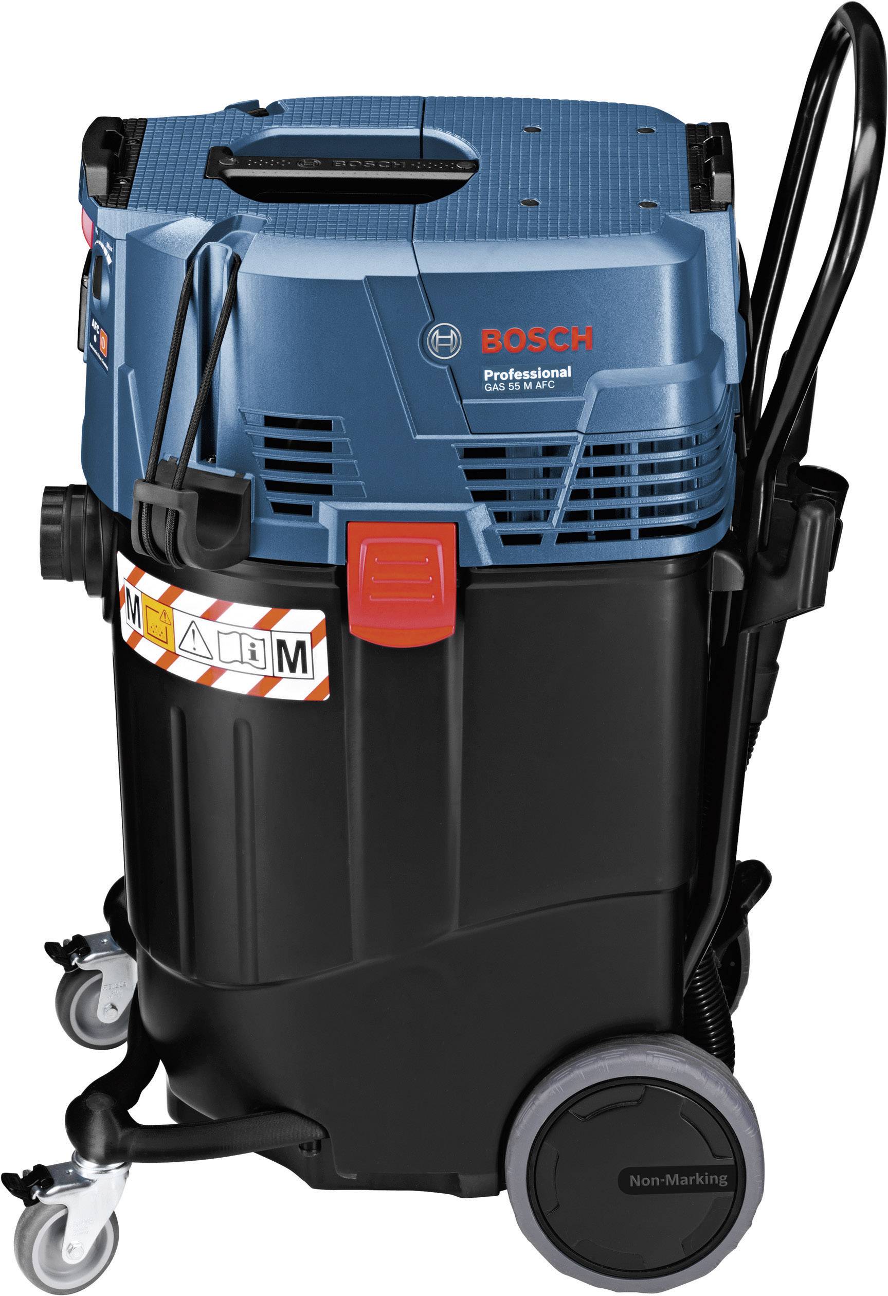 Industriële stofzuiger van Bosch, blauw-zwart, op wielen, met rode schakelaar en waarschuwingssymbolen. Reinigingsapparaat voor professioneel gebruik.