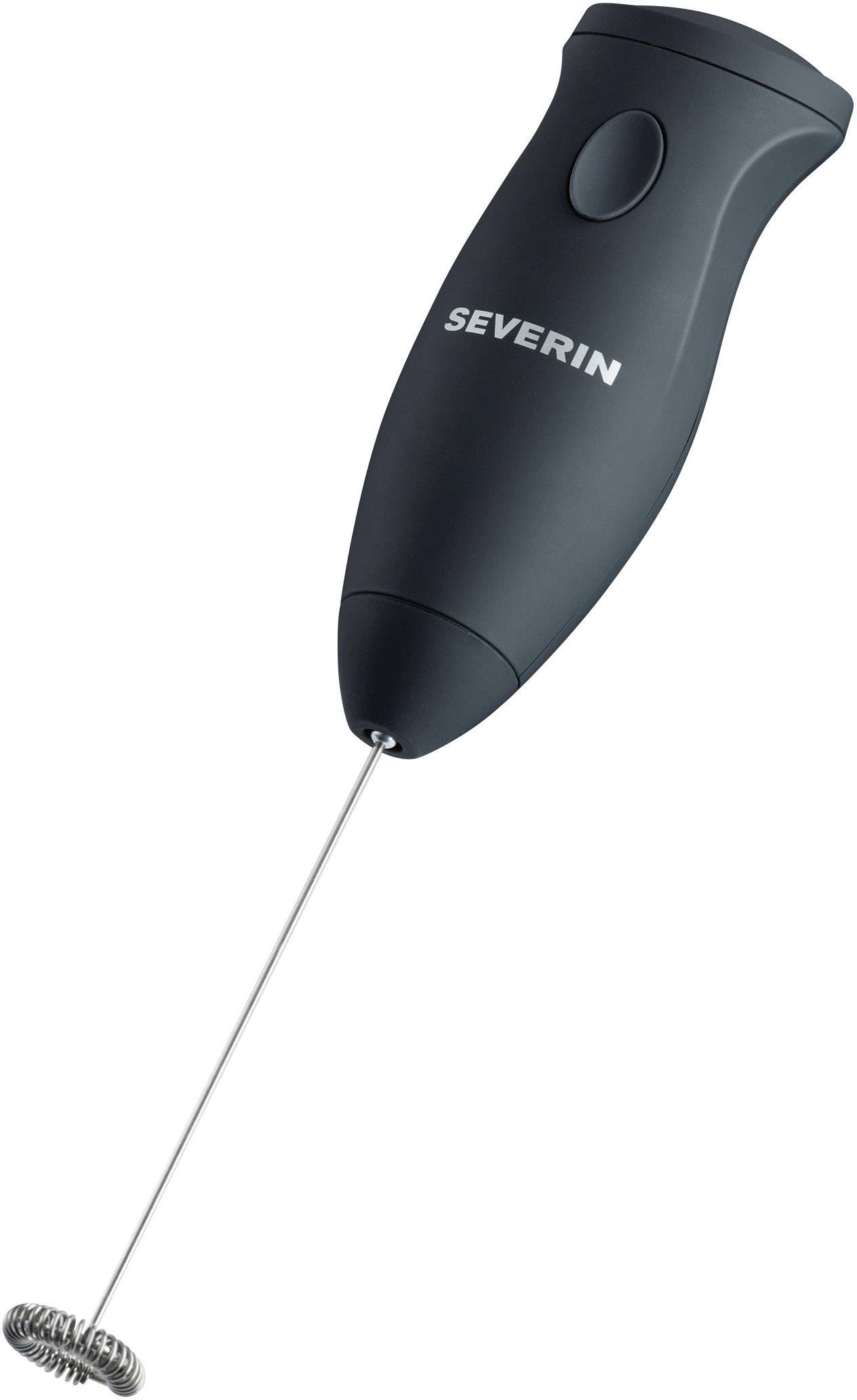 Zwarte elektrische melkopschuimer met een lange, slanke roestvrij stalen staaf en roterende kloppers. Ideaal voor cappuccino of latte.