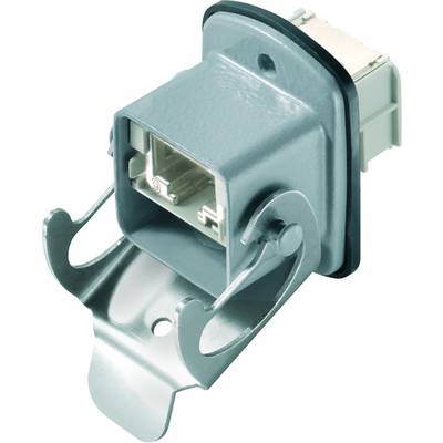 Vezeloptische connector, rechthoekig, grijs, met metalen behuizing en klipmechanisme, geschikt voor geïntegreerde montage in apparatuur.