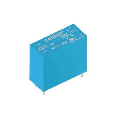 Een blauwe elektronische halfgeleiderrelais met het opschrift 'celduc' en technische specificaties. Het heeft vier pinnen voor montage.