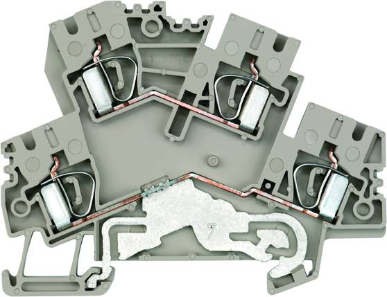 Grijze klemmenblok met metalen verbindingen en contactpunten. Het binnenste van de klem toont de stroomgeleidingsroute.