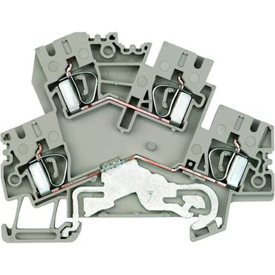 Grijze klemmenblok met metalen verbindingen en contactpunten. Het binnenste van de klem toont de stroomgeleidingsroute.