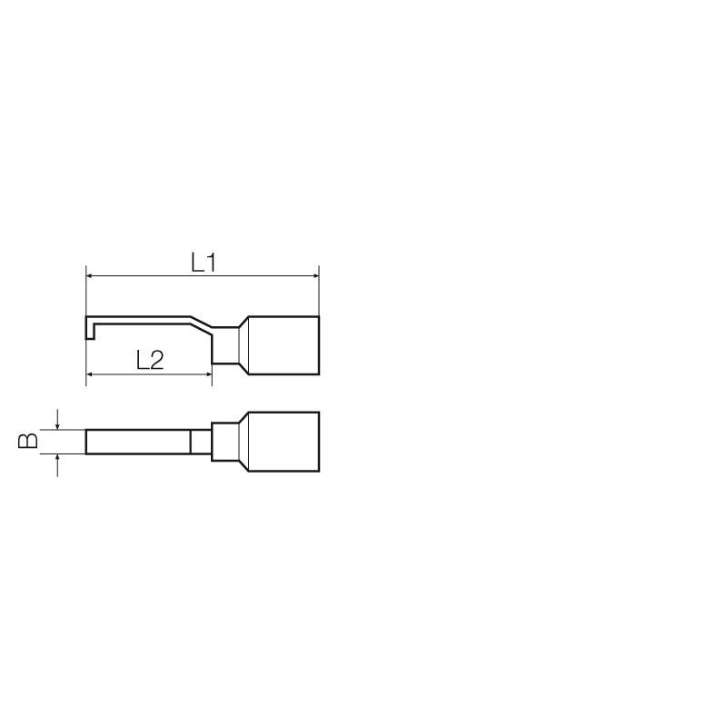 Technische tekening toont een metaalconstructie met lengtes L1 en L2, alsmede diameter B. Doorsnede en zijaanzicht weergegeven.