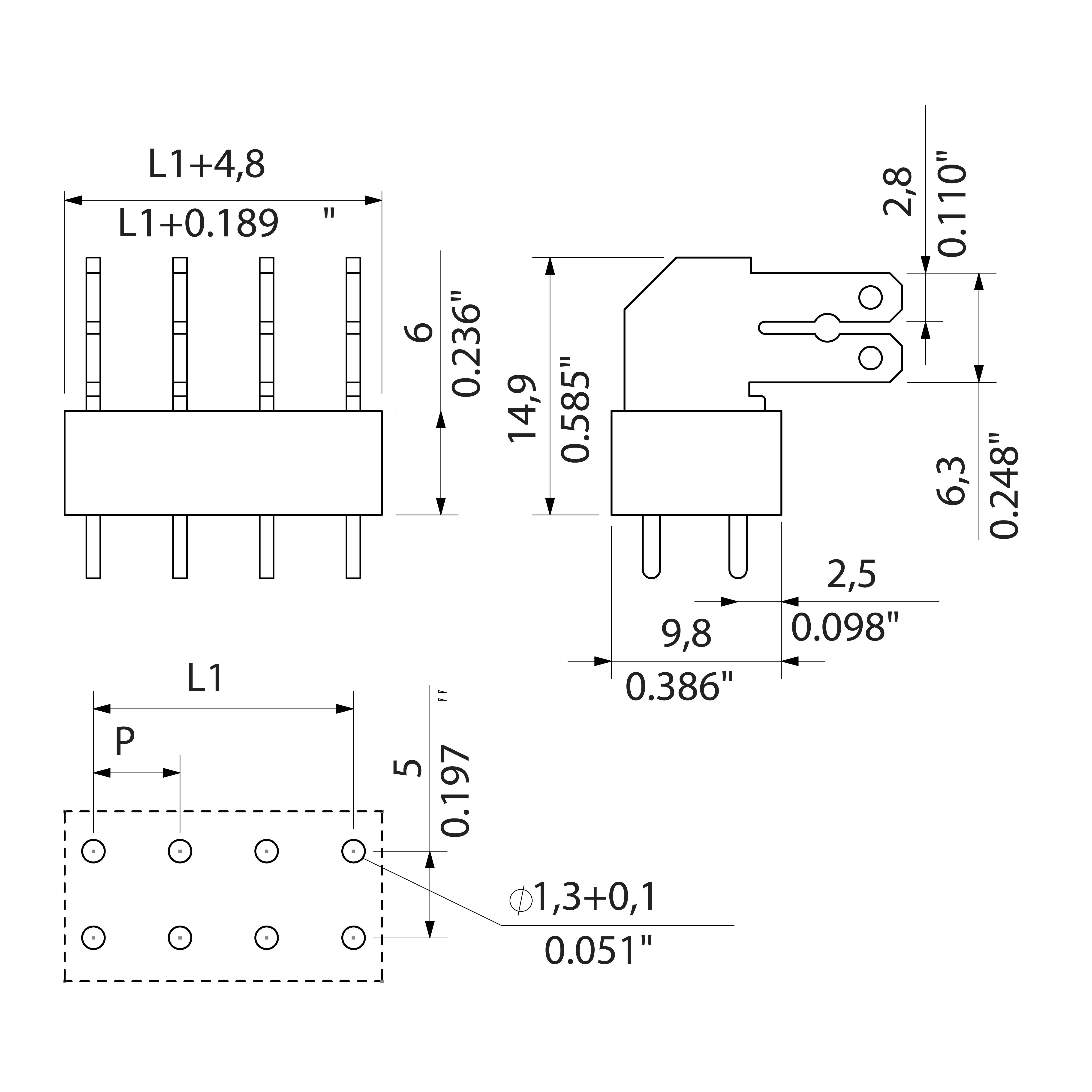 Technische tekening van een elektrische stekkerverbinding. De afbeelding toont afmetingen in millimeters en inches, inclusief breedte, hoogte en gatafstanden.