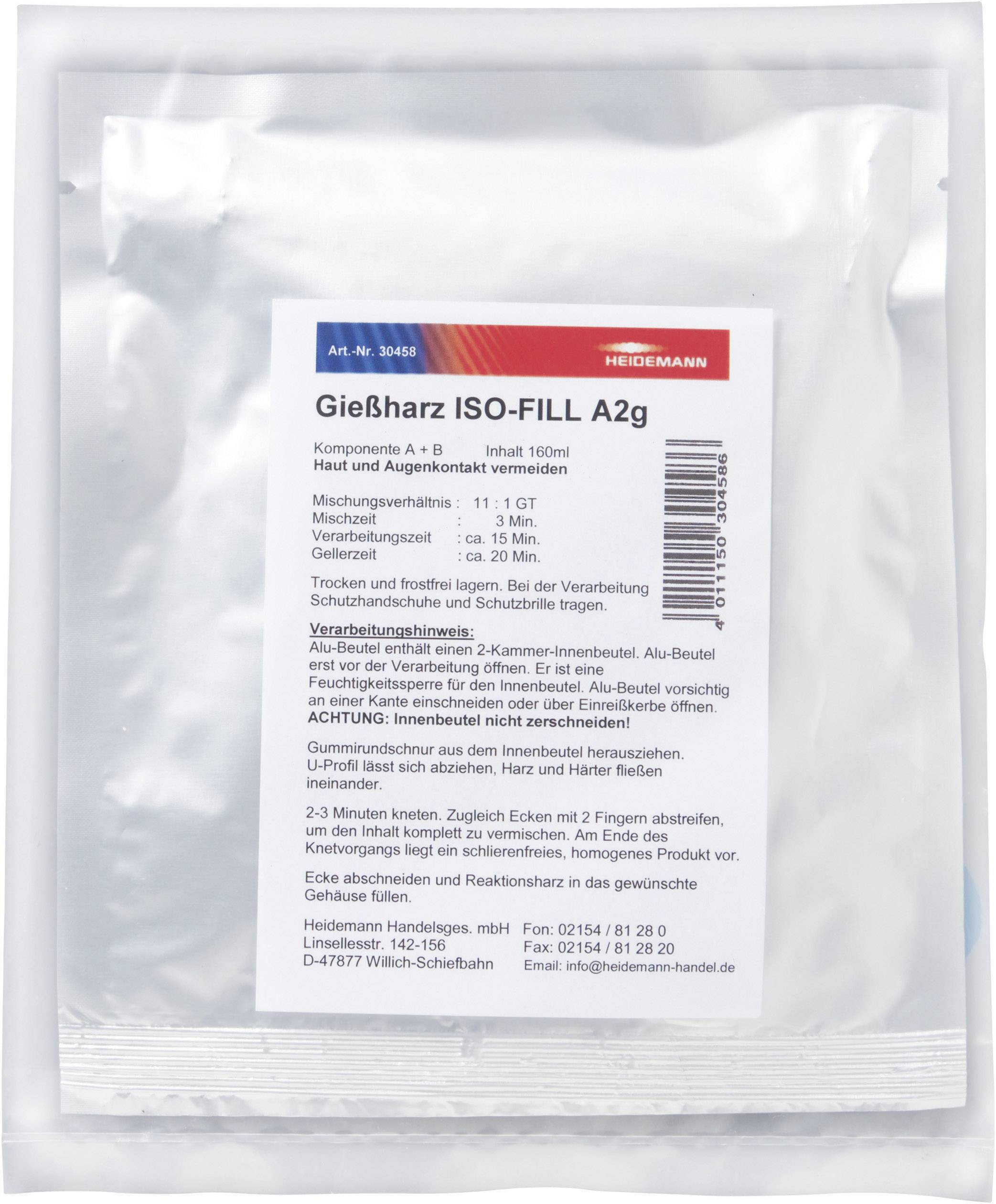Packaging of casting resin ISO-FILL A2g by Heideman. Contains components A and B with a total volume of 160 ml. Mixing and processing details are provided. Manufacturer contact information below.