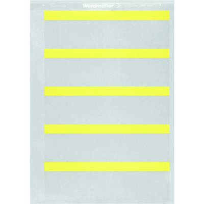 Gele papieren pagina van Weidmüller met zes horizontale, witte lijnen.