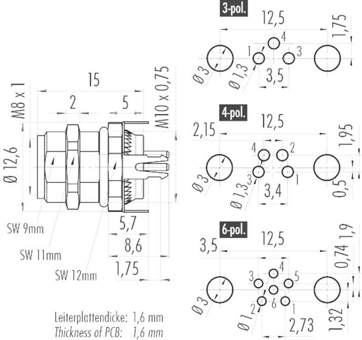 Technische tekening van een stekkerverbinding met afmetingen en gatenpatronen voor 3-, 4- en 6-polige varianten. Tekst: 'Printplaatdikte: 1,6 mm'.