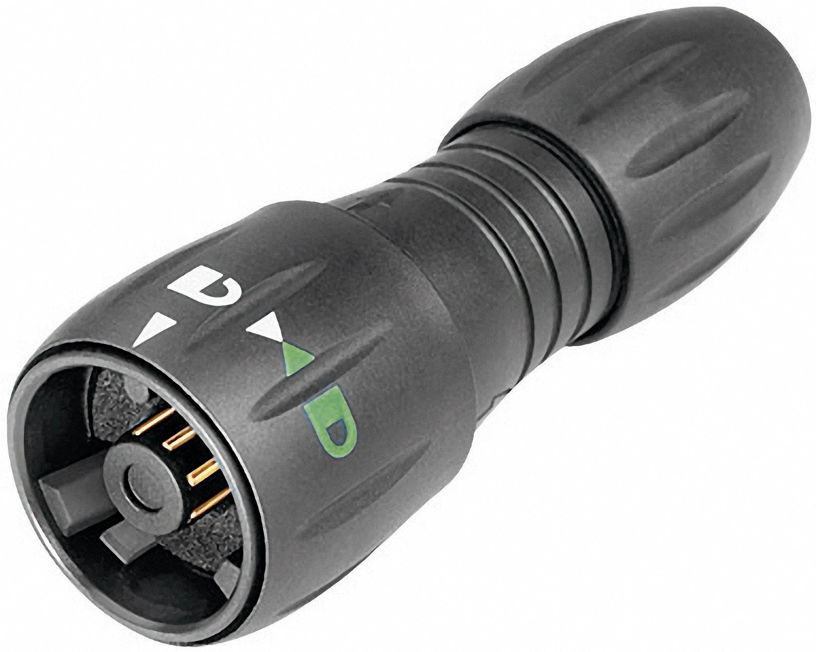 Een zwarte kabelstekker met groene en witte markeringen, geschikt voor audio- of videoconnectiviteit.