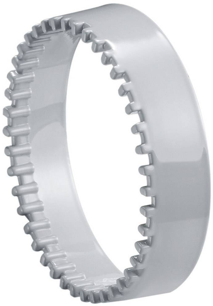 Grijze kunststofring met interne tanden, gebruikt als verbindingselement in mechanische systemen.