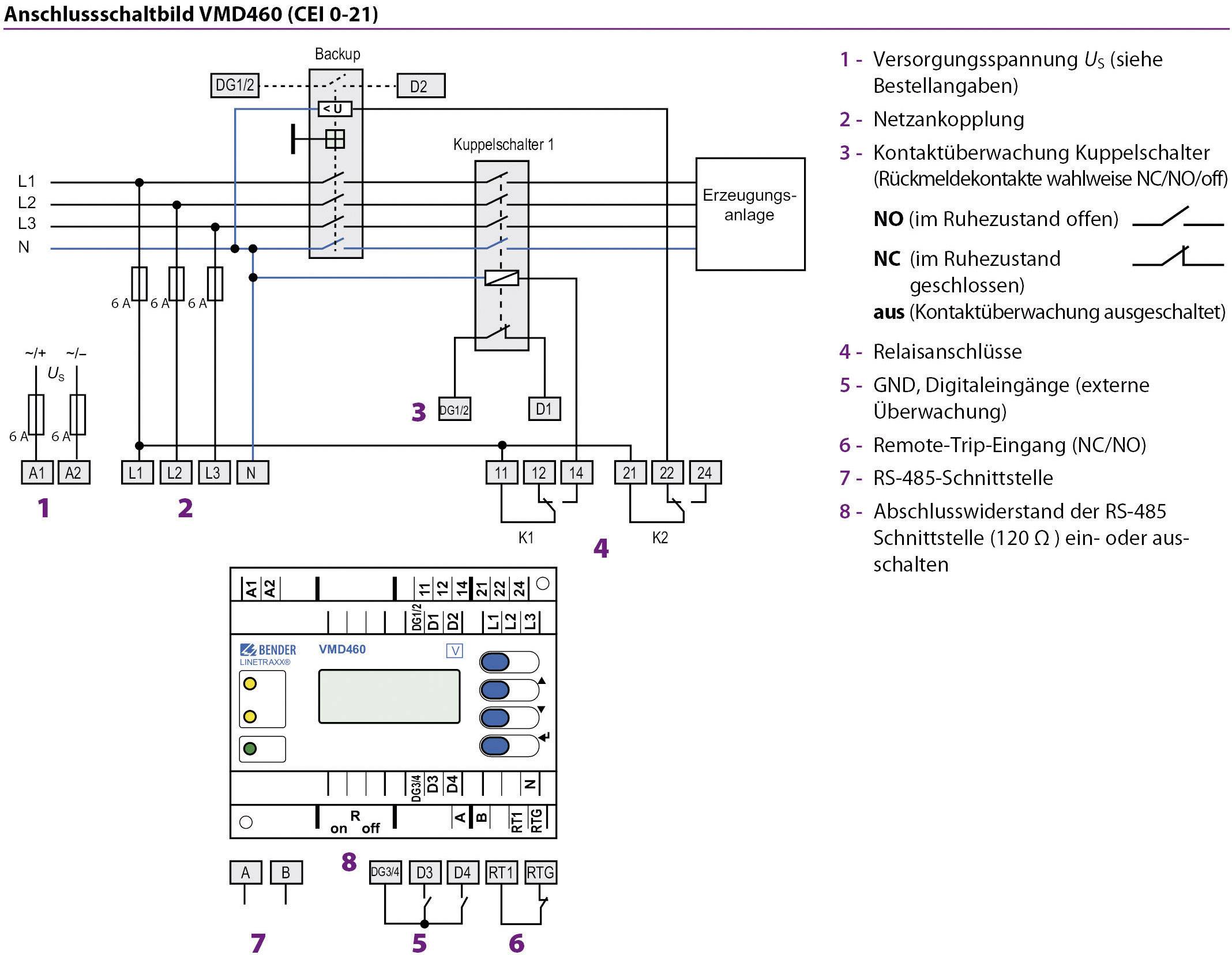 'Aansluitingsschema VMD460': Diagram toont elektrische aansluitingen en klemaanduiding, inclusief relaisaansluiting en interfaces.