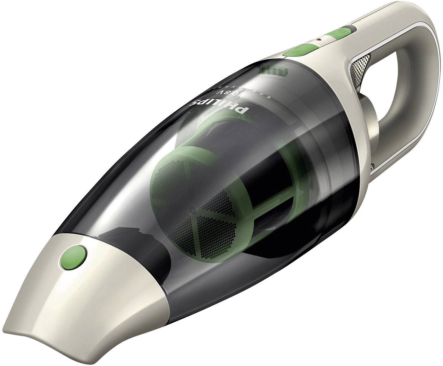 Draagbare handstofzuiger met een trendy design, doorzichtige behuizing en groene accenten, geschikt voor snelle schoonmaakklussen.