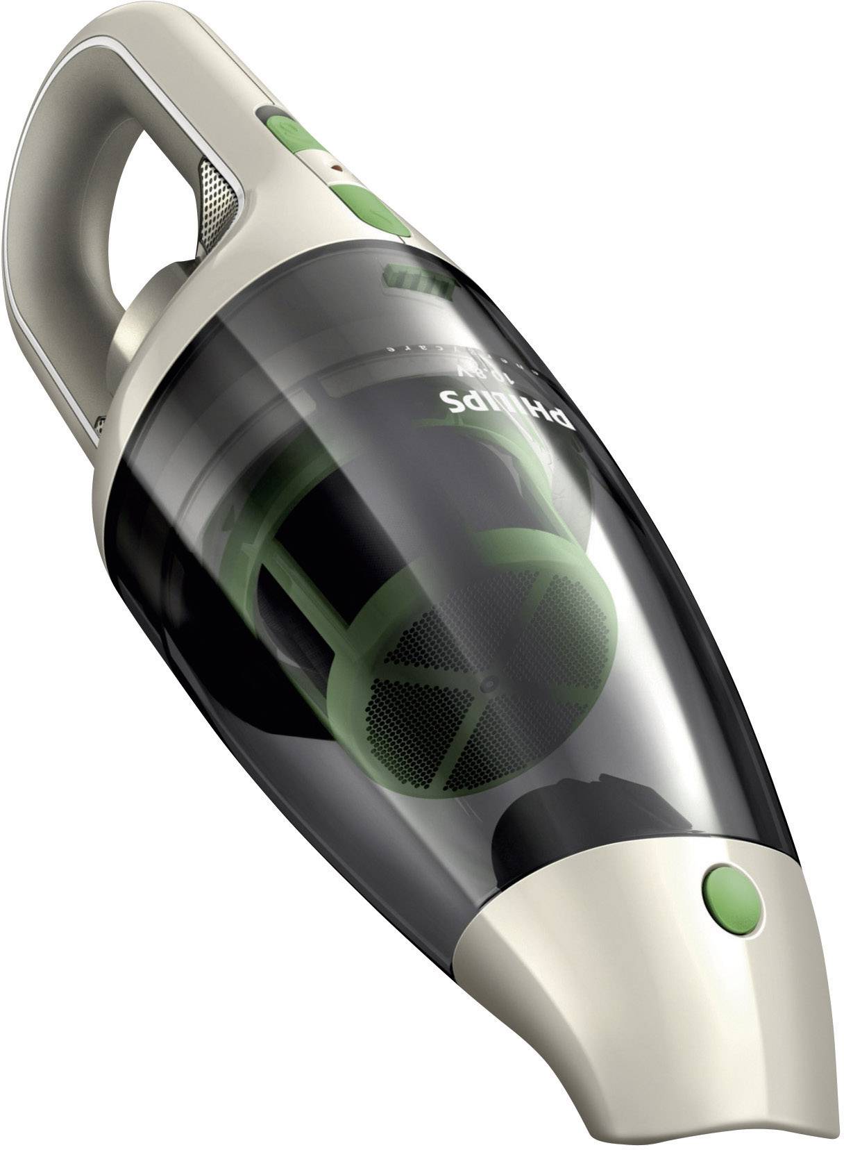 Handstofzuiger in moderne, ergonomische vorm, zwart-groen design. Ontwikkeld voor eenvoudige bediening en efficiënte reiniging.