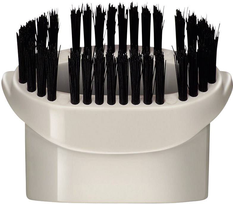 Witte reinigingsborstel met zwarte borstels, geschikt voor vloer- of tapijtreiniging.