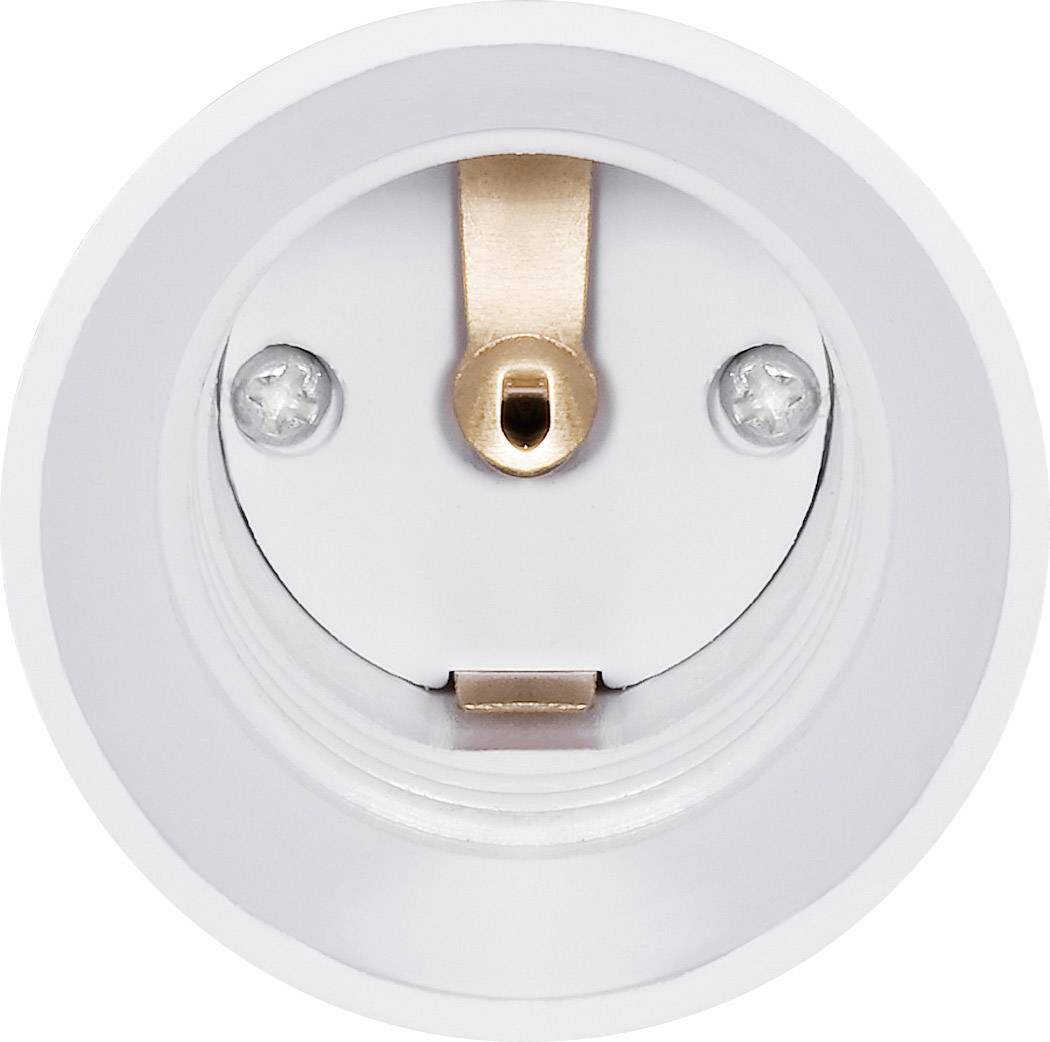 Een ronde, witte lamphouder met twee kleine schroeven en een centrale koperen contactpunt.