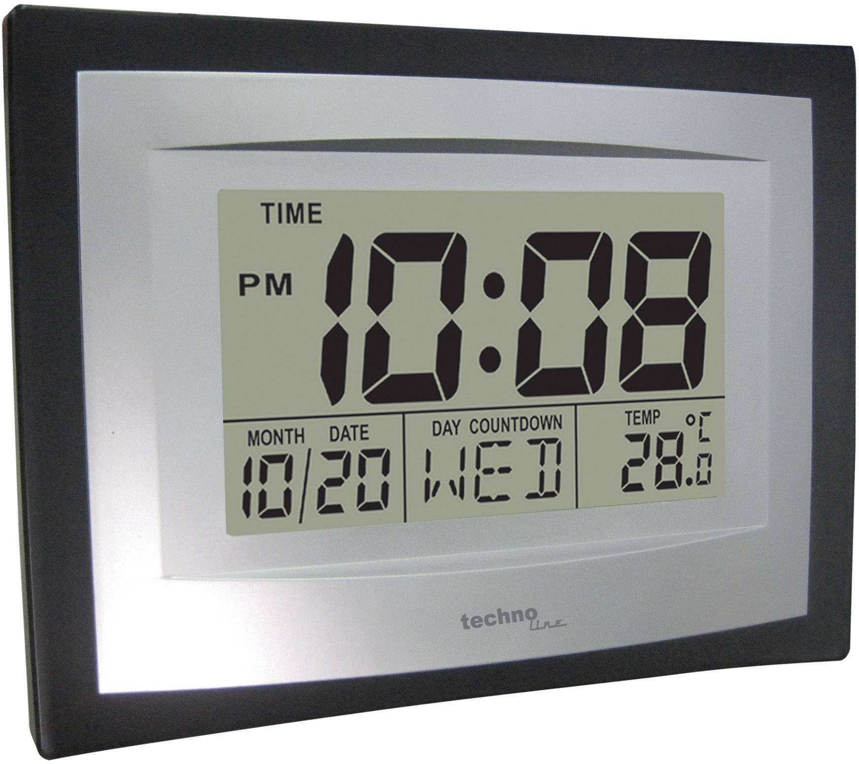 Digitale wandklok met groot display, toont tijd '10:08 's avonds', datum '20/10 WOE', afteldagen en temperatuur '28,6°C'.