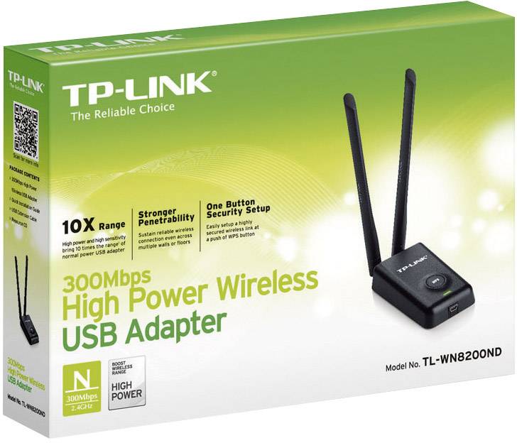 Een verpakking van de TP-LINK High Power Wireless USB-adapter met 300 Mbps, twee antennes, model TL-WN8200ND, met groene vormgeving.