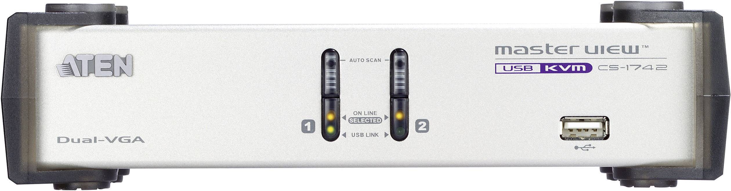 'ATEN MasterView Dual-VGA USB KVM CS-1742' switch met twee selectieknoppen en USB-poort aan de voorkant.