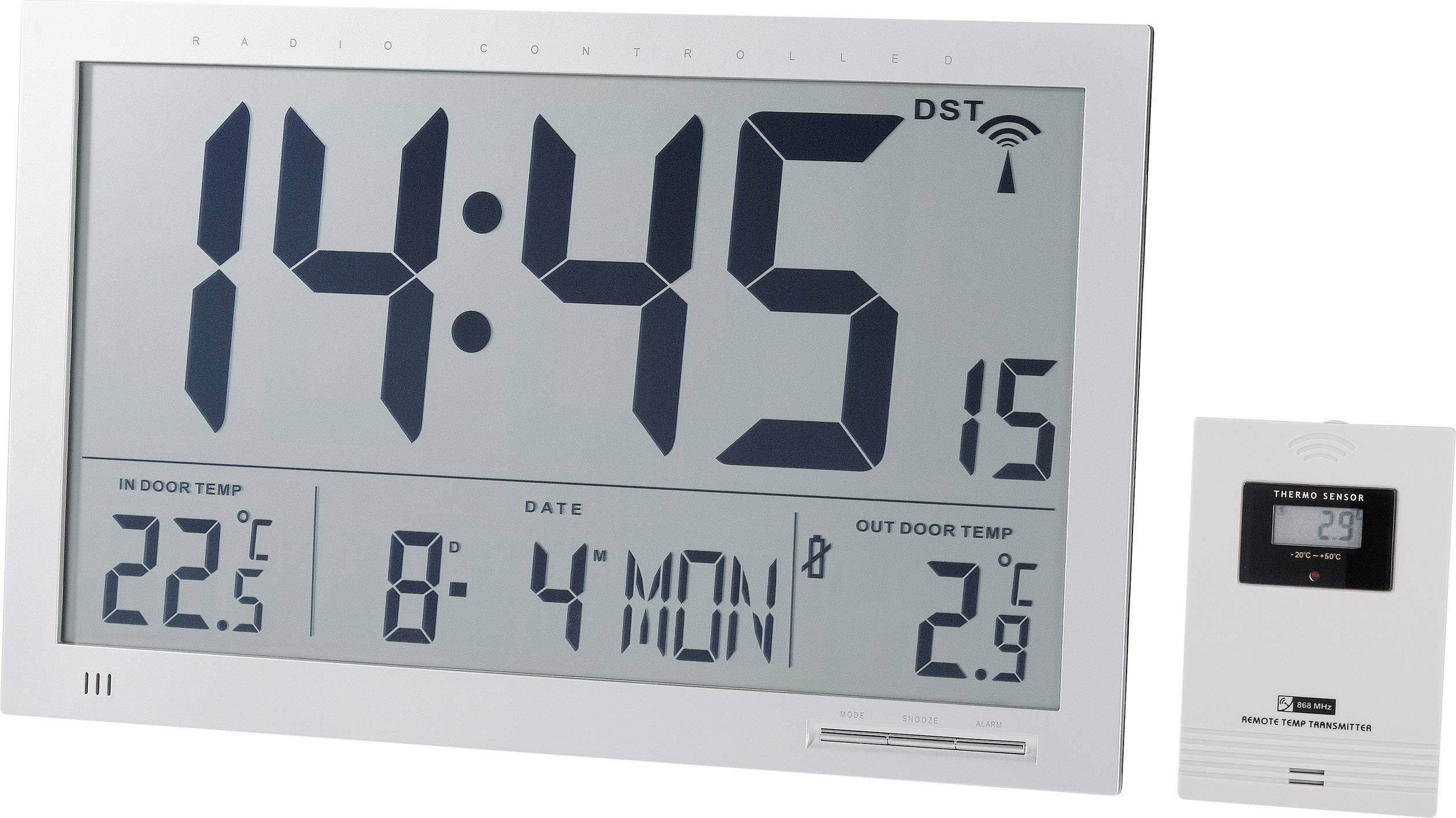 Een digitale wandklok toont 14:45 uur, binnentemperatuur 22,5°C, buitentemperatuur 2,9°C, datum '8 MON 4'. Een externe temperatuursensor is herkenbaar.