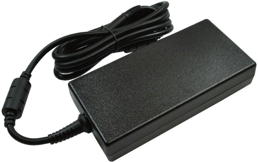 Een zwarte laptopoplader met een lang snoer, geschikt voor de stroomvoorziening van draagbare computers.