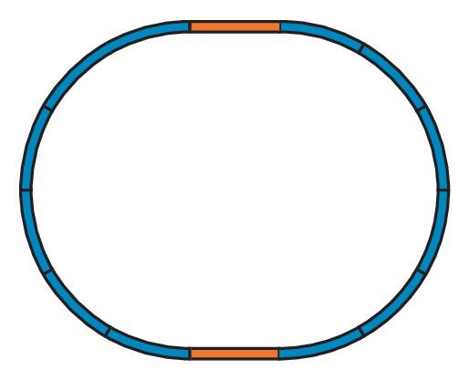 Een ovale racebaan-plattegrond toont twee oranje rechte stukken die worden verbonden door blauwe bochten.