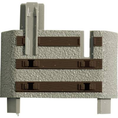 Grijs modelspoor-accessoire met bruine houtnerf en insteekmogelijkheid voor modelspoorrails, geschikt als baanafscheiding.