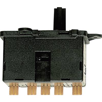 Een zwarte elektrische schakelaar met meerdere koperaansluitingen is afgebeeld. De schakelaar is bedoeld voor het besturen van elektrische apparaten.