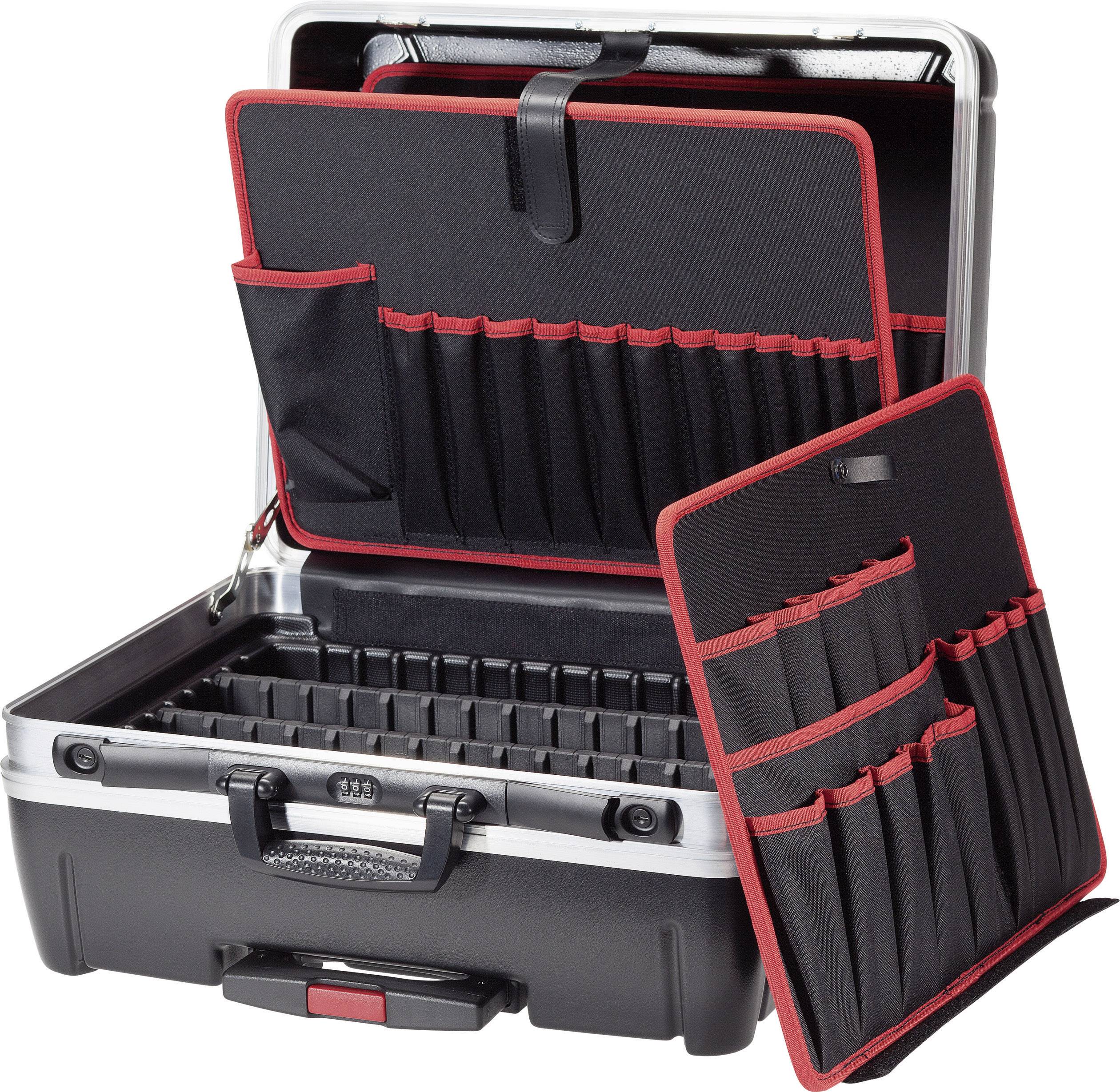 Een geopende, zwarte gereedschapskoffer met rode rand toont talrijke opbergvakken voor gereedschappen en kleine onderdelen.