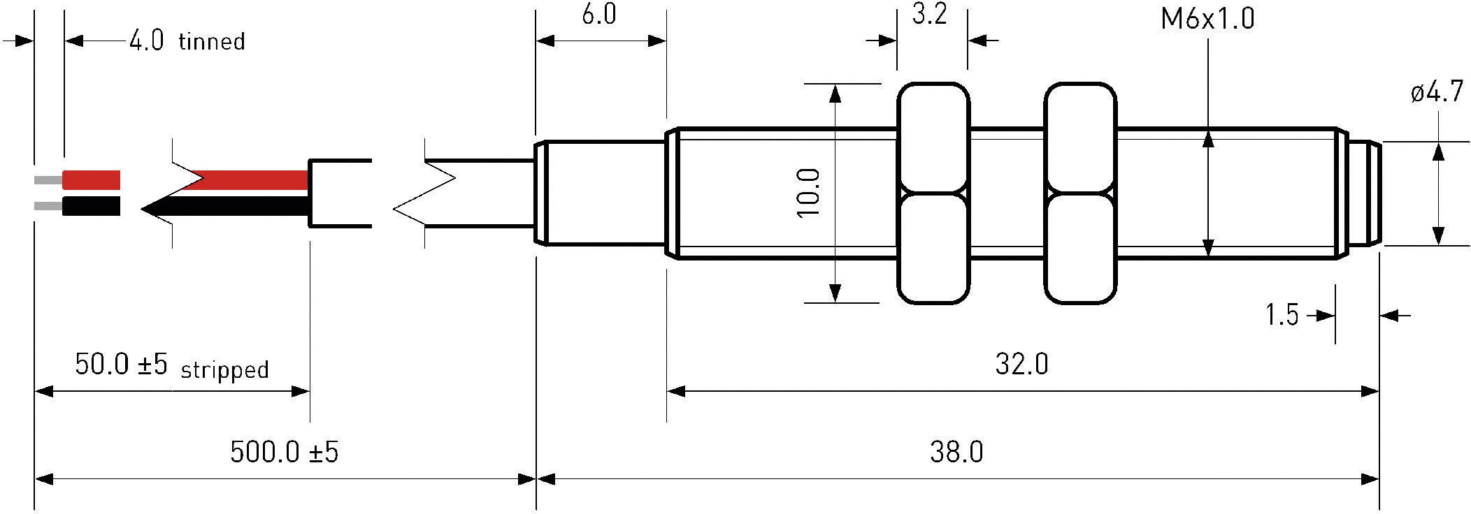 Technische tekening van een cilindrische stekker met gedetailleerde maten en aanduidingen. Toont kabels, schroefdraad en afmetingen.