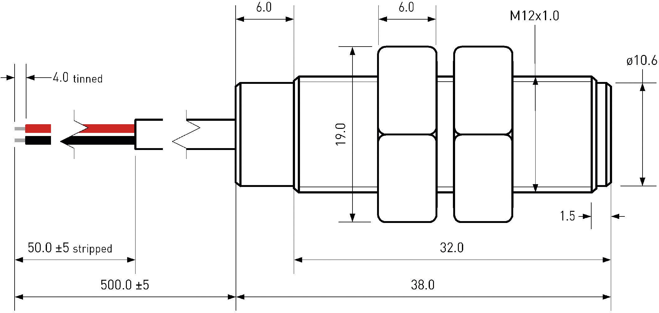 Technische tekening van een stekker met M12x1.0 schroefdraad. Afmetingen: totale lengte 38,0 mm, kabel 500,0 ±5 mm, gedeeltelijk gestript.