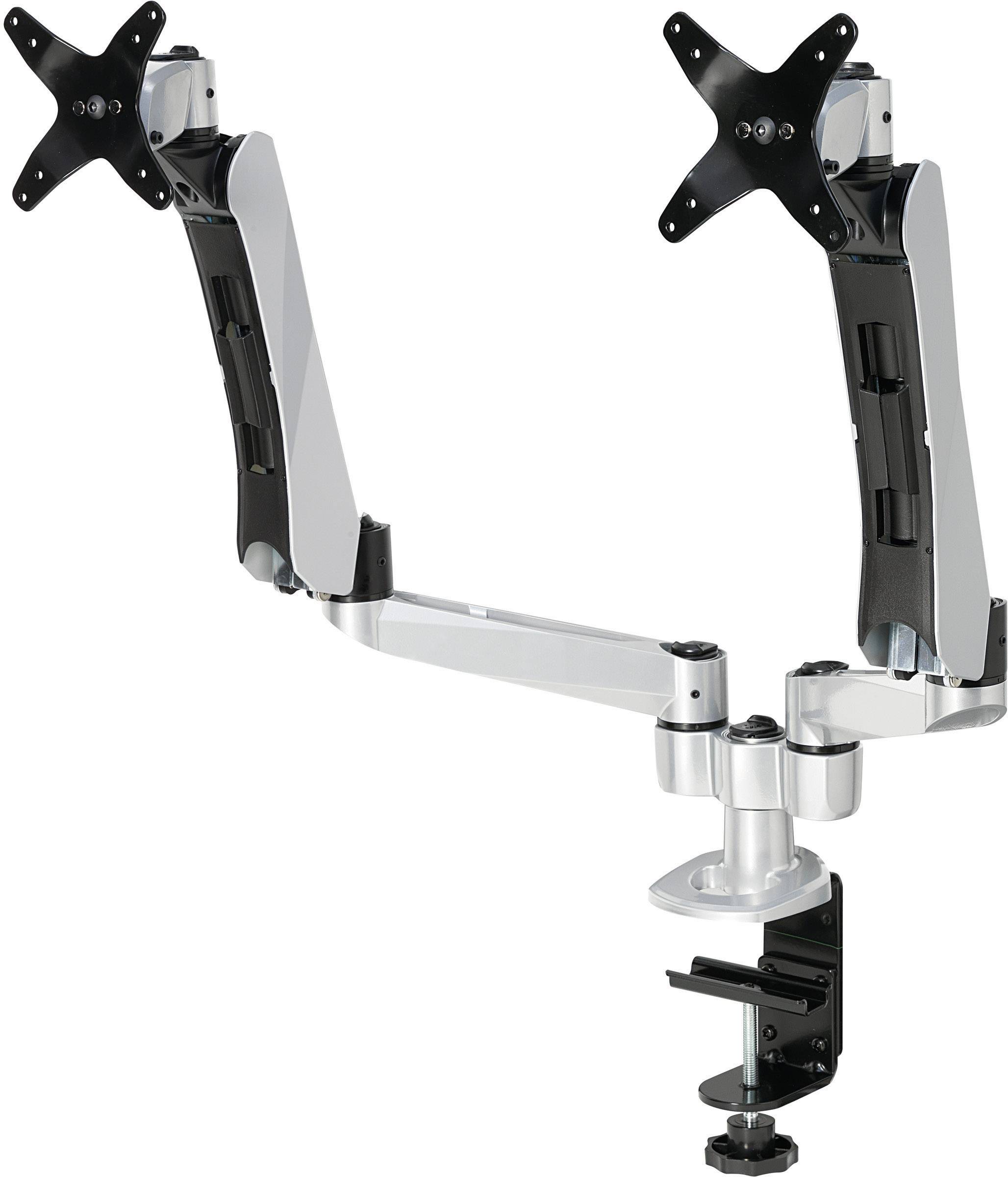 Metalen dubbelmonitorstandaard met verstelbare armen en tafelklem. Ideaal voor ergonomische beeldschermpositionering.