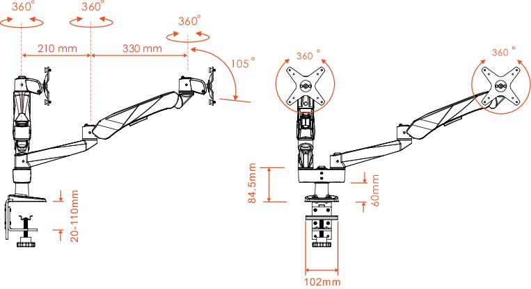 Illustratie van een monitorarm met afmetingen: 210-330 mm lengte, 105° kanteling, 360° draaiing. Hoogte: 20-400 mm. Geschikt voor verschillende monitorposities.