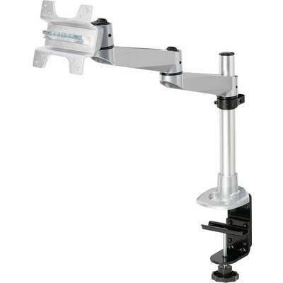 Een zilveren monitorarm met verstelbaar scharnier en tafelklem voor het bevestigen van monitoren.