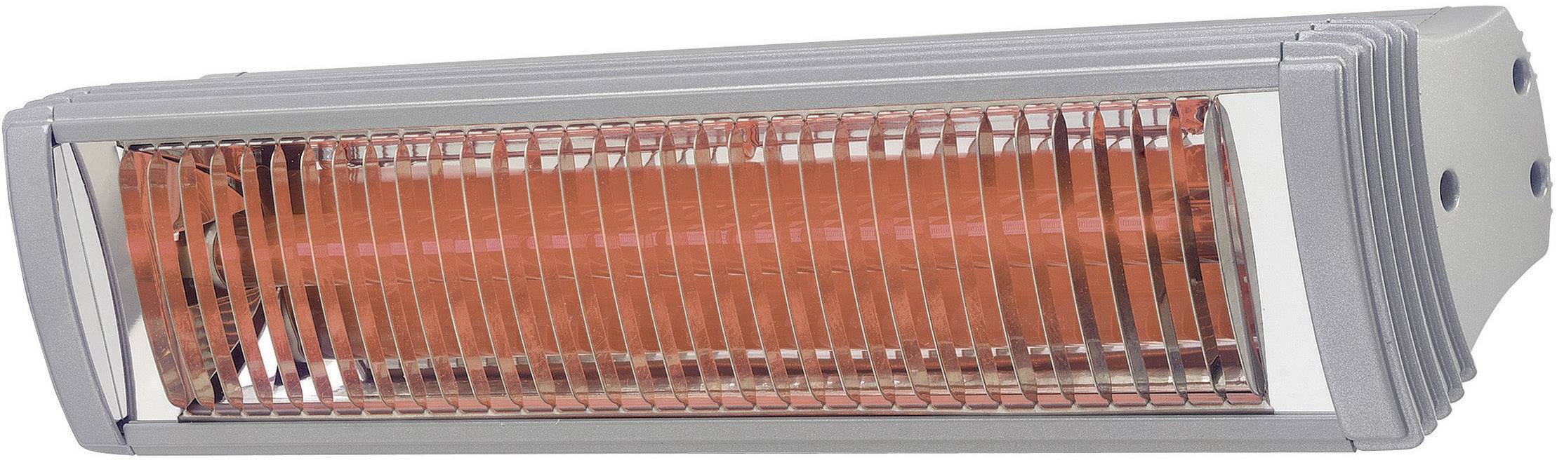 Grijze, rechthoekige infrarood-verwarmingsstraler met zichtbare verwarmingsbuizen die rood-oranje oplichten, bedoeld voor het verwarmen van ruimtes of terrassen.