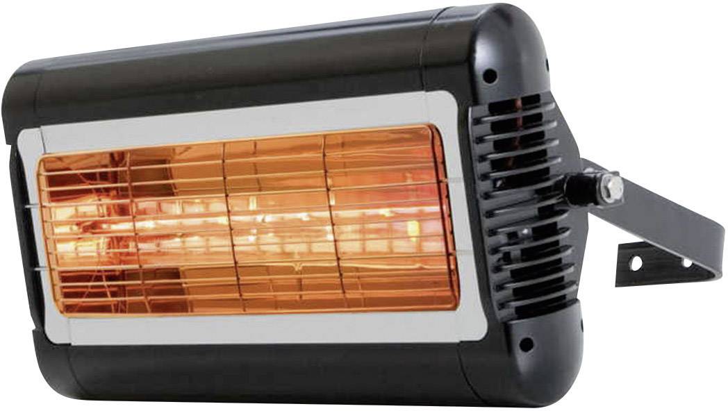 Zwarte elektrische verwarmingsstraler met oranje gloeiende spoel, aan de muur bevestigd, levert gerichte warmte voor binnenruimtes.