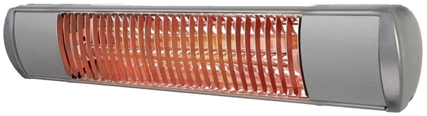 Een infrarood verwarmingslamp met metalen behuizing en gloeiende verwarmingselementen die warmte uitstralen. Geschikt voor buitenverwarming.