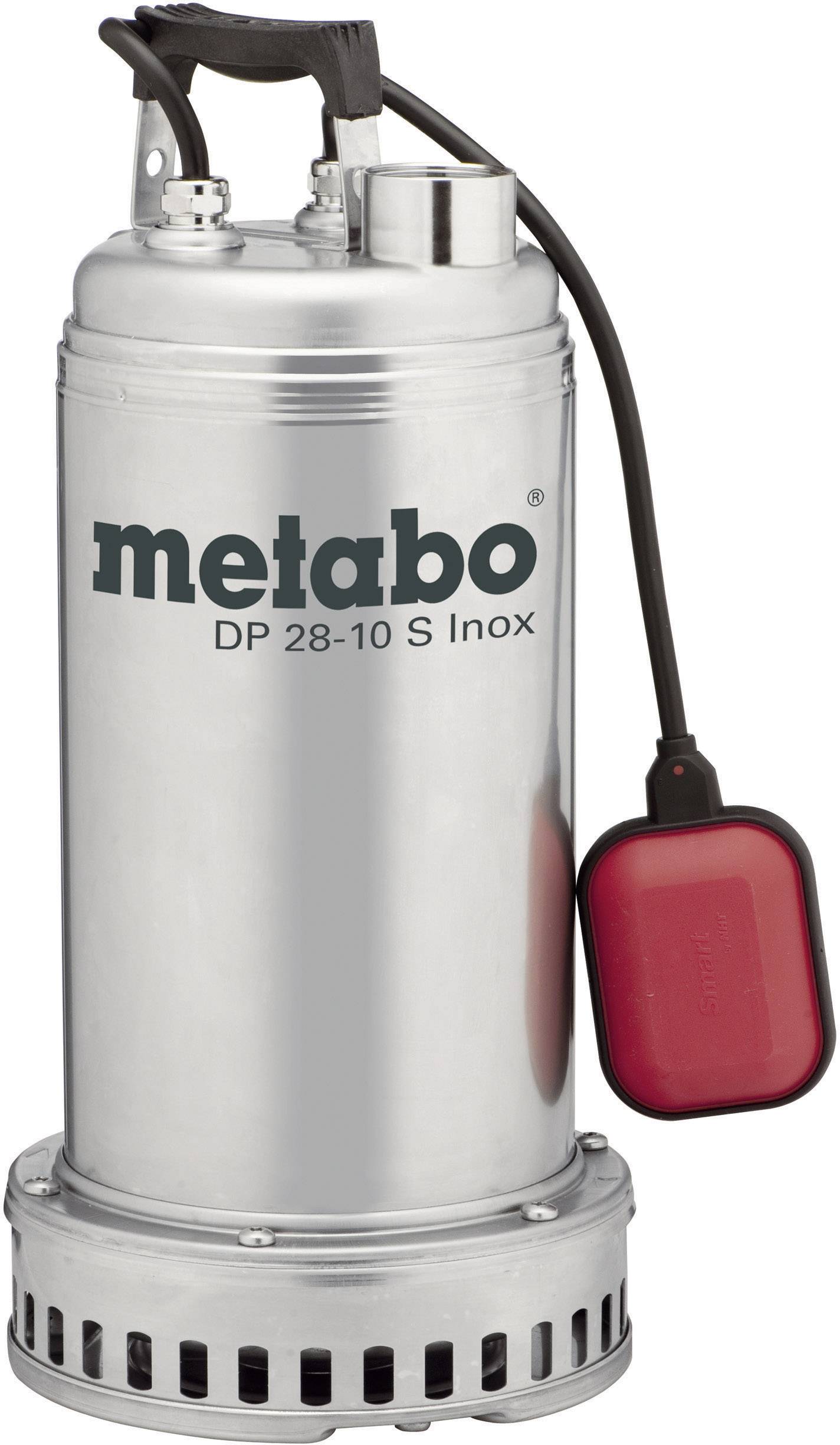 Zilveren dompelpomp met rode vlotterschakelaar, opschrift 'metabo DP 28-10 S Inox'.