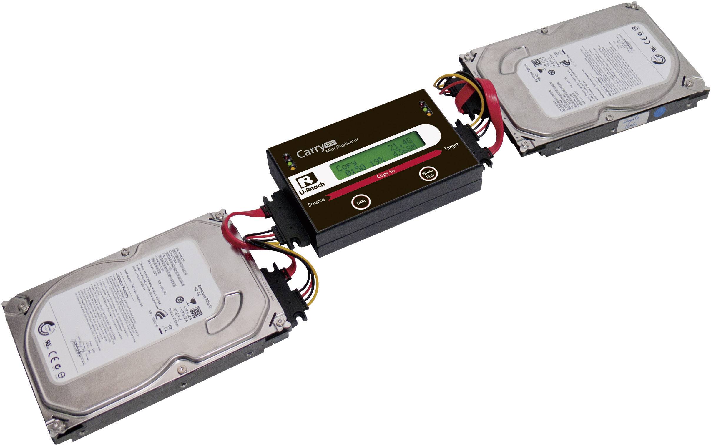 Een harddisk-duplicator verbindt twee harde schijven. Hij wordt gebruikt om gegevens tussen beide gegevensdragers te kopiëren of te klonen.